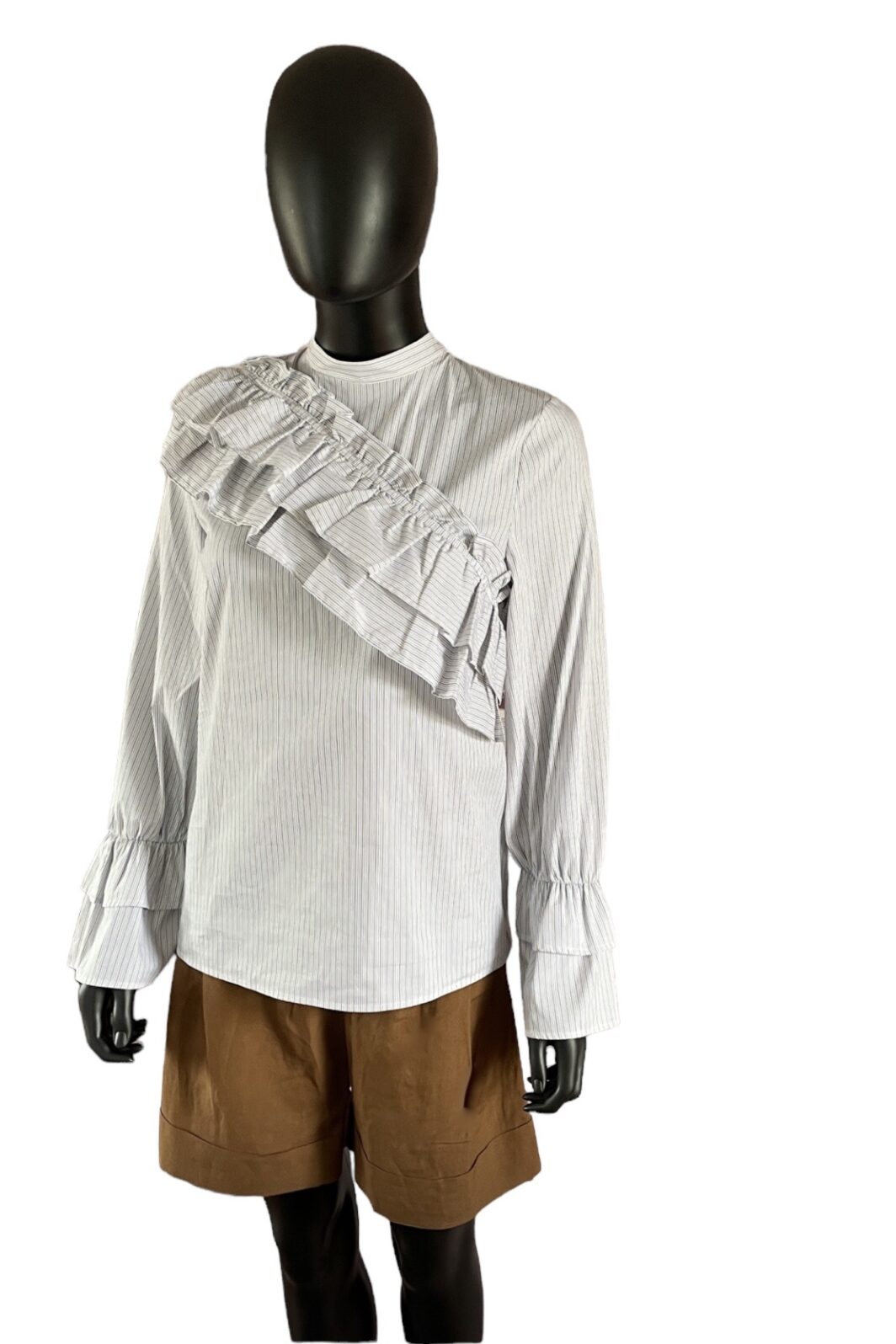 Baum & Pferdgarten Bluse Moya in weiß/blau/braun gestreift mit Volantdetails – Bild 3