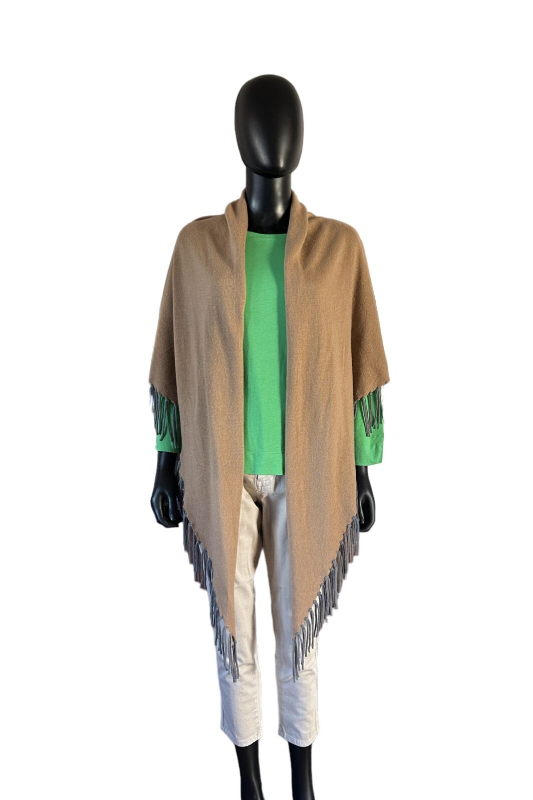 Herzensangelegenheit Dreieckstuch in camel/grau mit Fransen